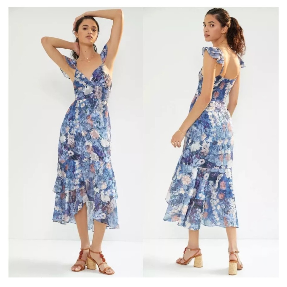 Anthropologie Hutch Ruffled Midi Dress Blue Floral 10P